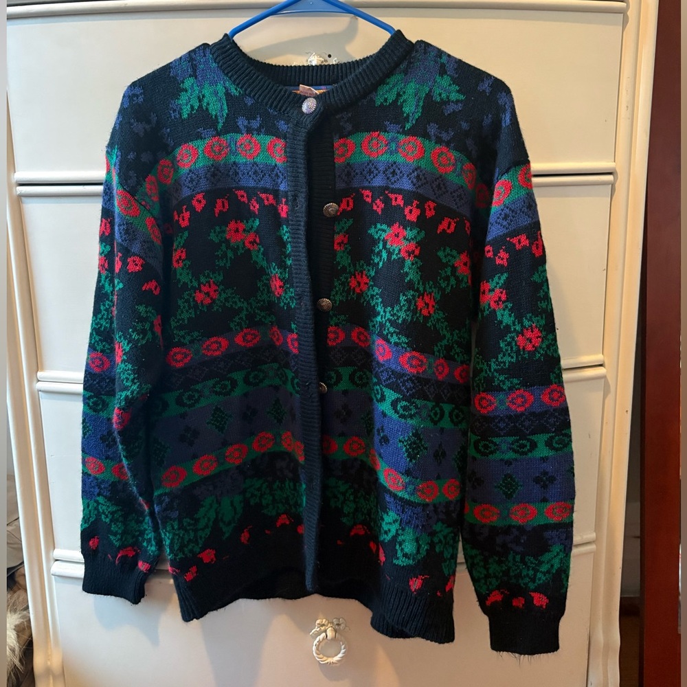 Holiday Black, Green, Blue, Red Button Up Sweater with Gold Buttons